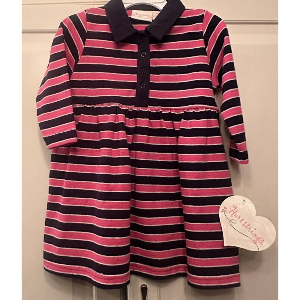 Hartstrings Dress Baby Girl Toddler 18 Month Pink Blue Striped Long Sleeve New